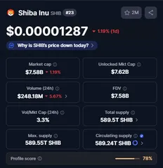 SHIB market data showing price, market cap, and trading statistics