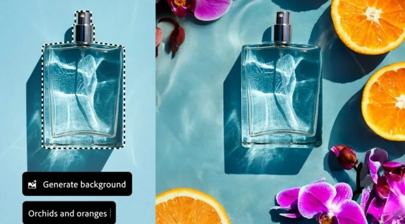 Adobe perfume bottles with orchids and oranges background