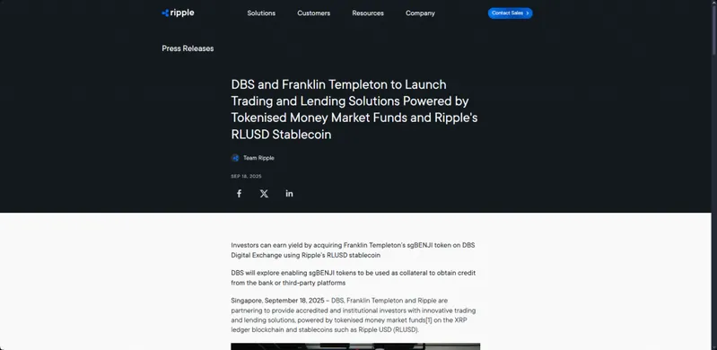 Official Ripple press release announcement showing DBS and Franklin Templeton partnership launch