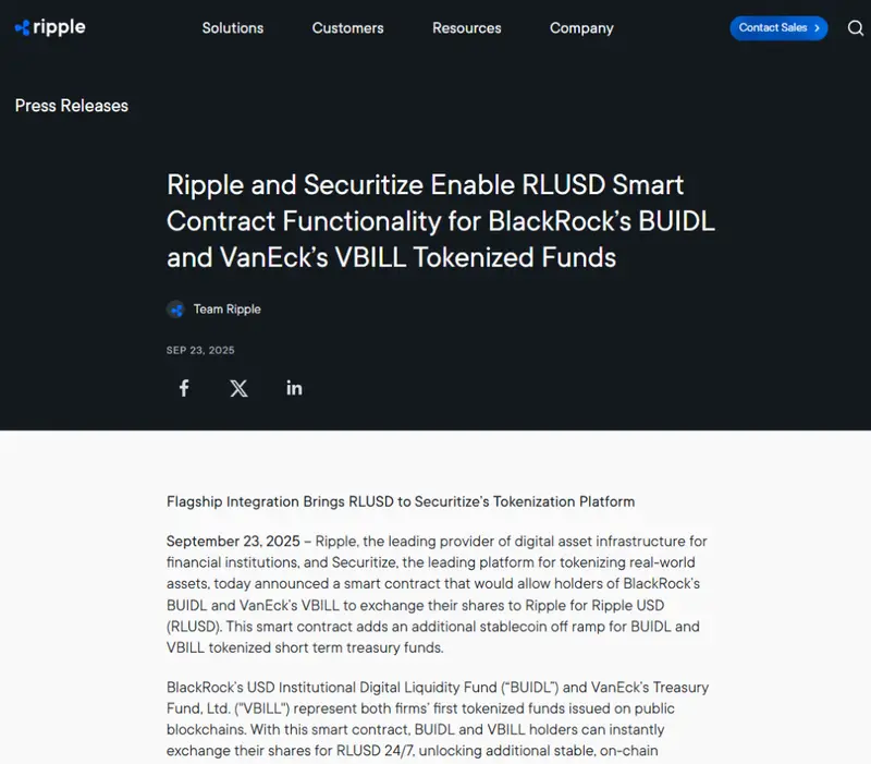 Official Ripple press release titled "Ripple and Securitize Enable RLUSD Smart Contract Functionality for BlackRock's BUIDL and VanEck's VBILL Tokenized Funds" dated September 23, 2025