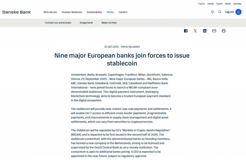 Nine major European banks joining forces to issue stablecoin