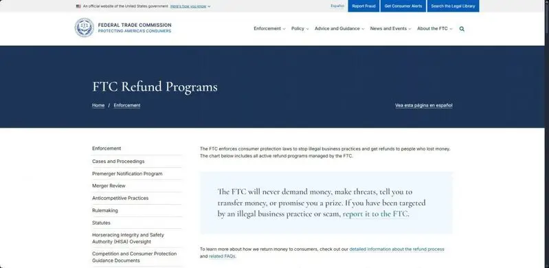FTC refund programs information page where the Amazon refund will be posted once completed