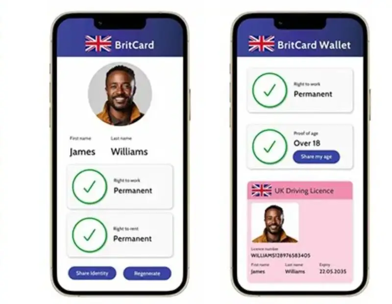 BritCard interface showing verification screens
