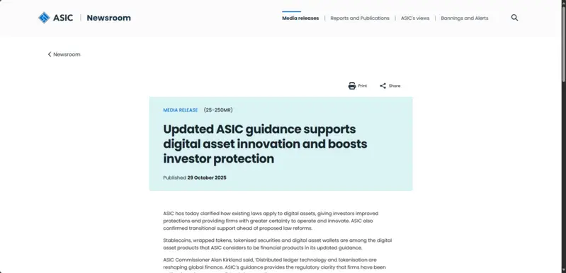 ASIC media release announcing updated guidance on digital asset innovation and investor protection