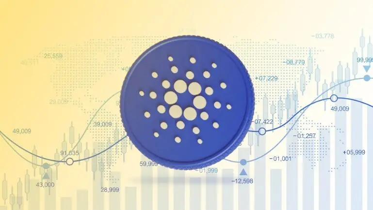 Cardano logo with price chart overlay showing upward trend