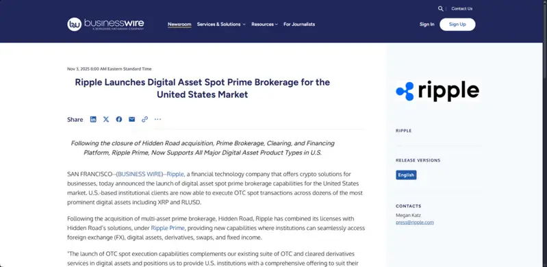 Business Wire announcement of Ripple Prime brokerage launch