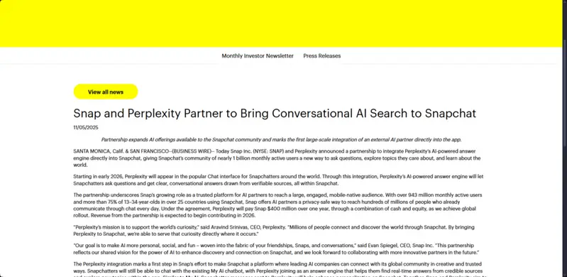 Snap and Perplexity partnership announcement press release