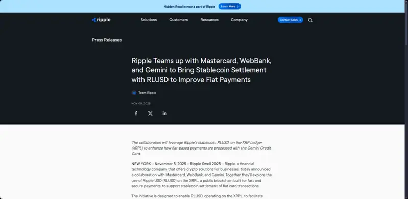 Ripple press release announcing partnerships with Mastercard, WebBank, and Gemini for RLUSD stablecoin settlement