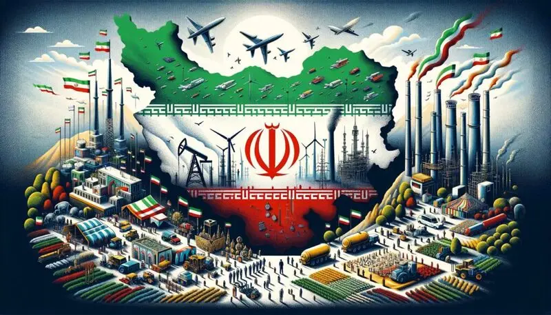 Iranian flag overlaid on map with economic symbols including oil rigs and factories