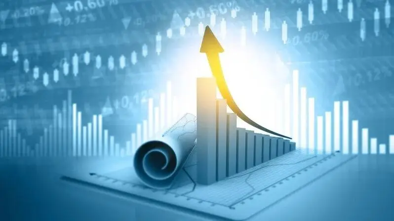 3D visualization of upward golden arrow with stock chart and financial data