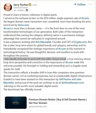 larry fisher linkedin post ai.com sale
