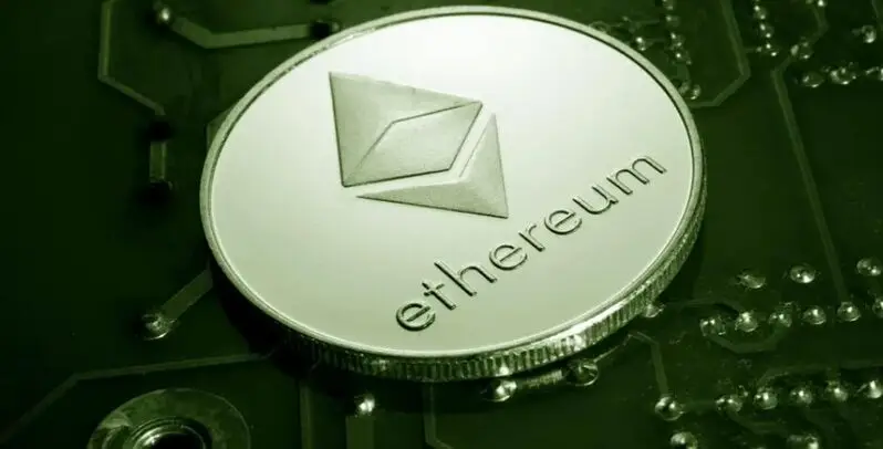 Ethereum coin on circuit board with green tint