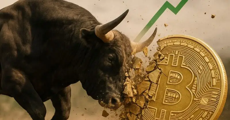 Bitcoin cryptocurrency bull market with green upward arrow
