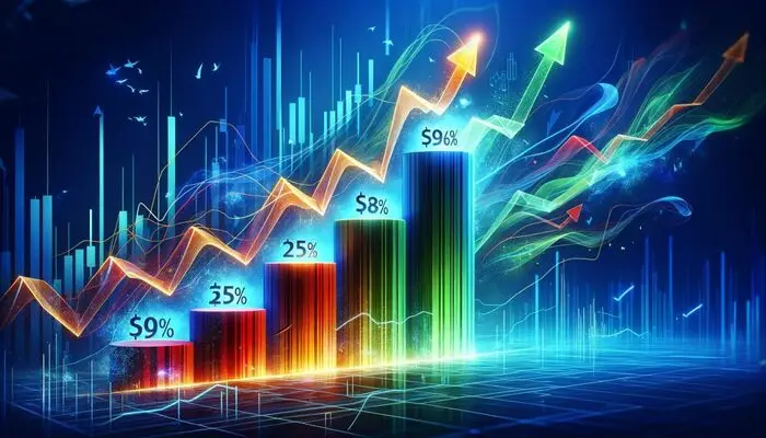 Colorful stock chart showing rising trend lines with growth percentages, symbolizing bargain AI stocks with high growth potential against a blue digital background